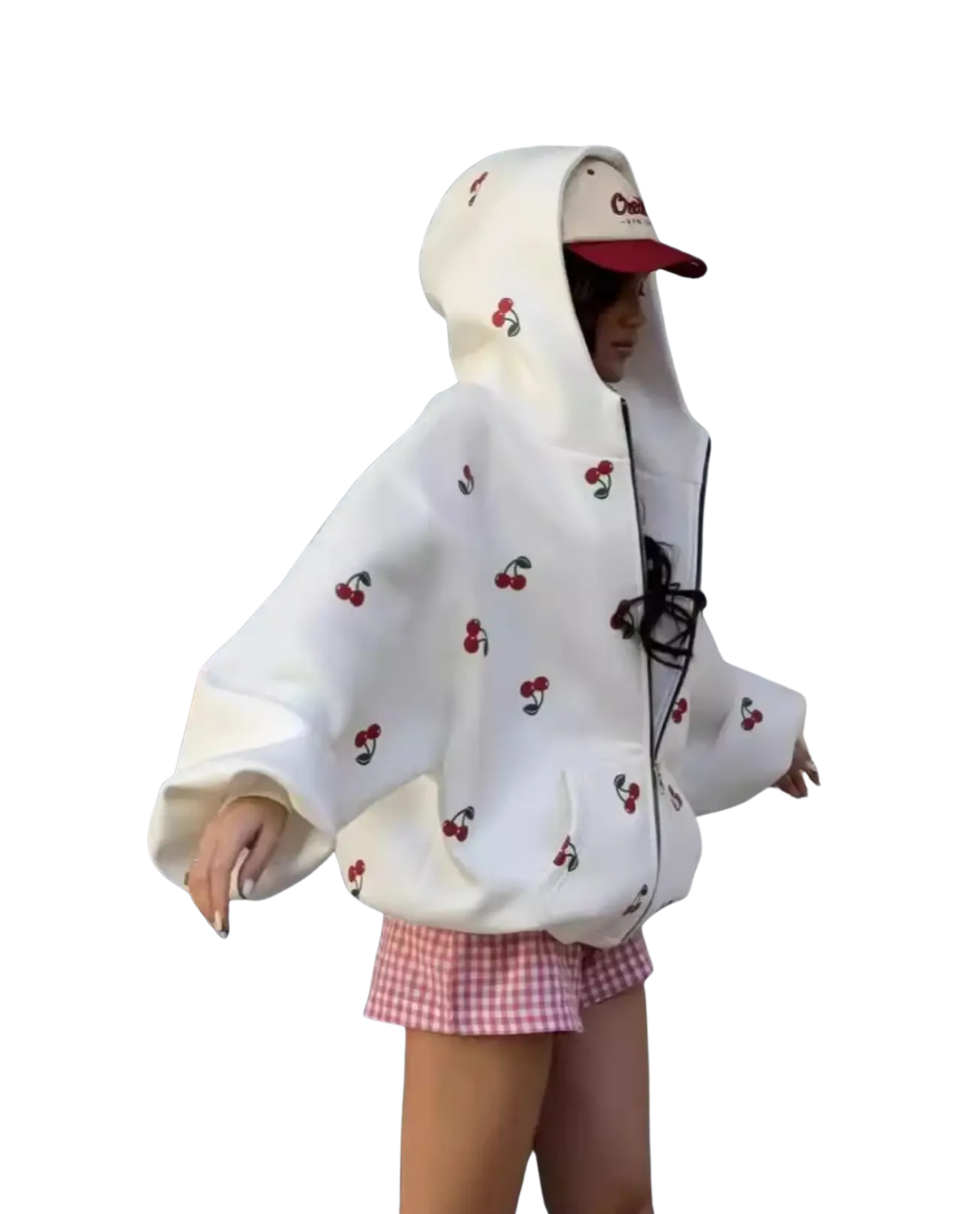 Lotte - Dames Hoodie Oversized, Roze zip Trui met Rits & Kersenprint