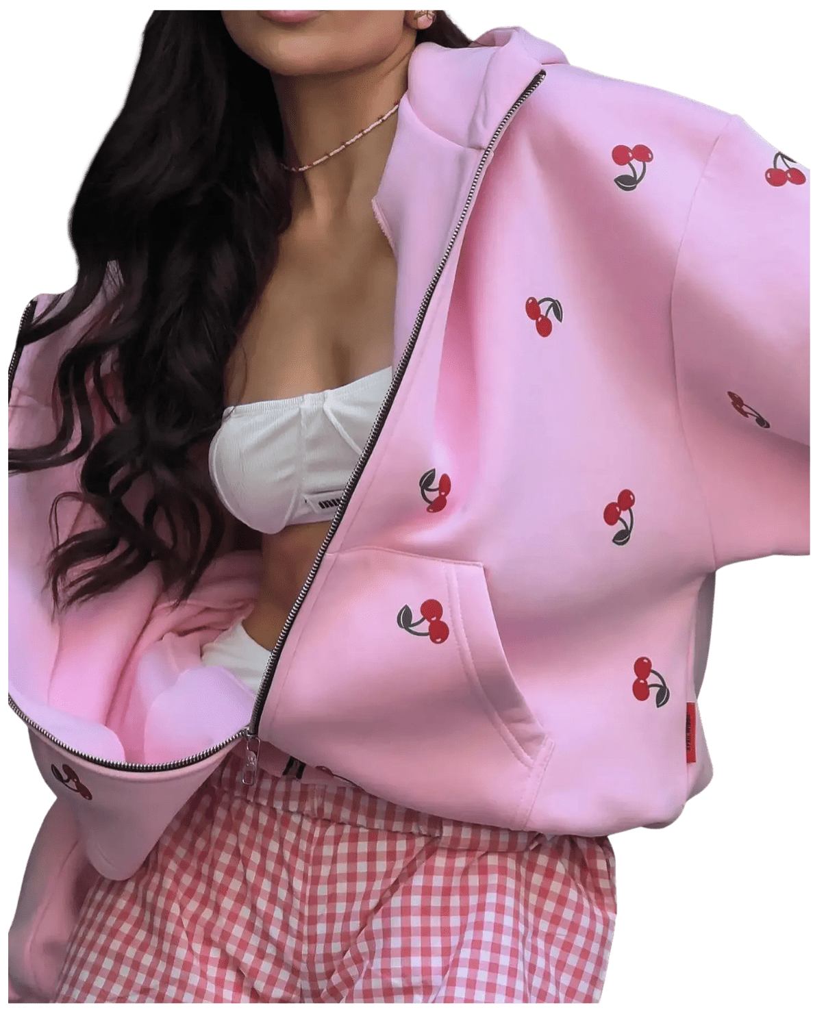 Seralvia Lotte - Dames Hoodie Oversized, Roze zip Trui met Rits & Kersenprint