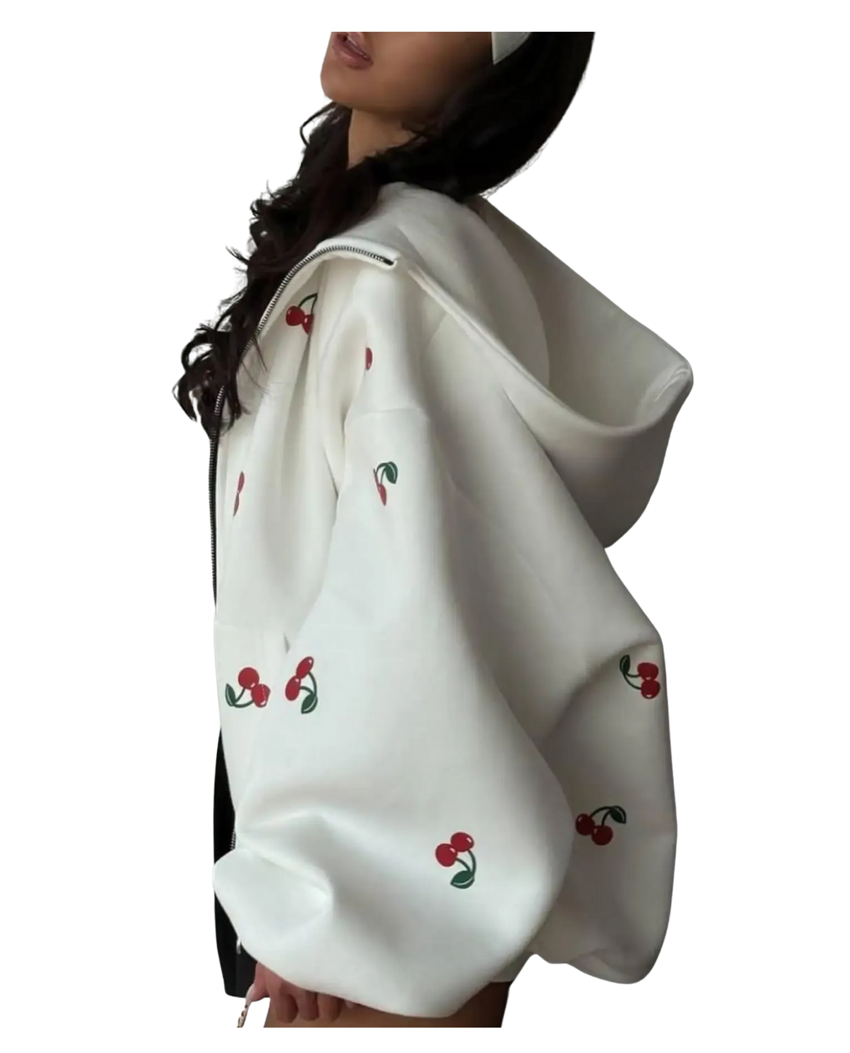 Lotte - Dames Hoodie Oversized, Roze zip Trui met Rits & Kersenprint