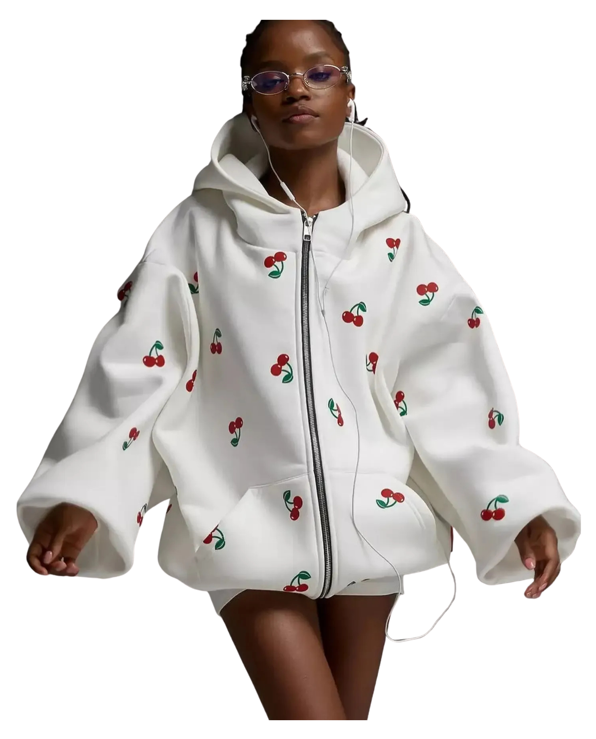Lotte - Dames Hoodie Oversized, Roze zip Trui met Rits & Kersenprint